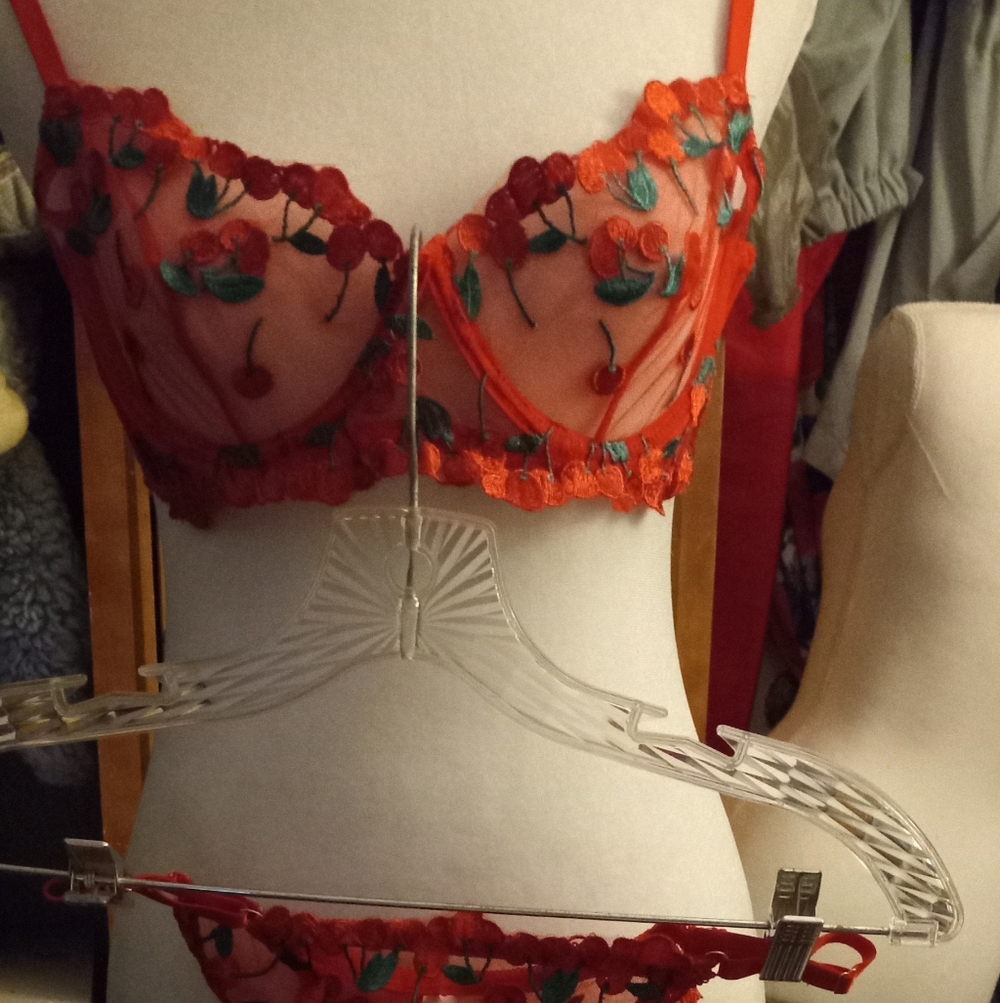 New,red sheer mesh cherries  embroidered underwire bra & thong lingerie size med - Picture 3 of 13